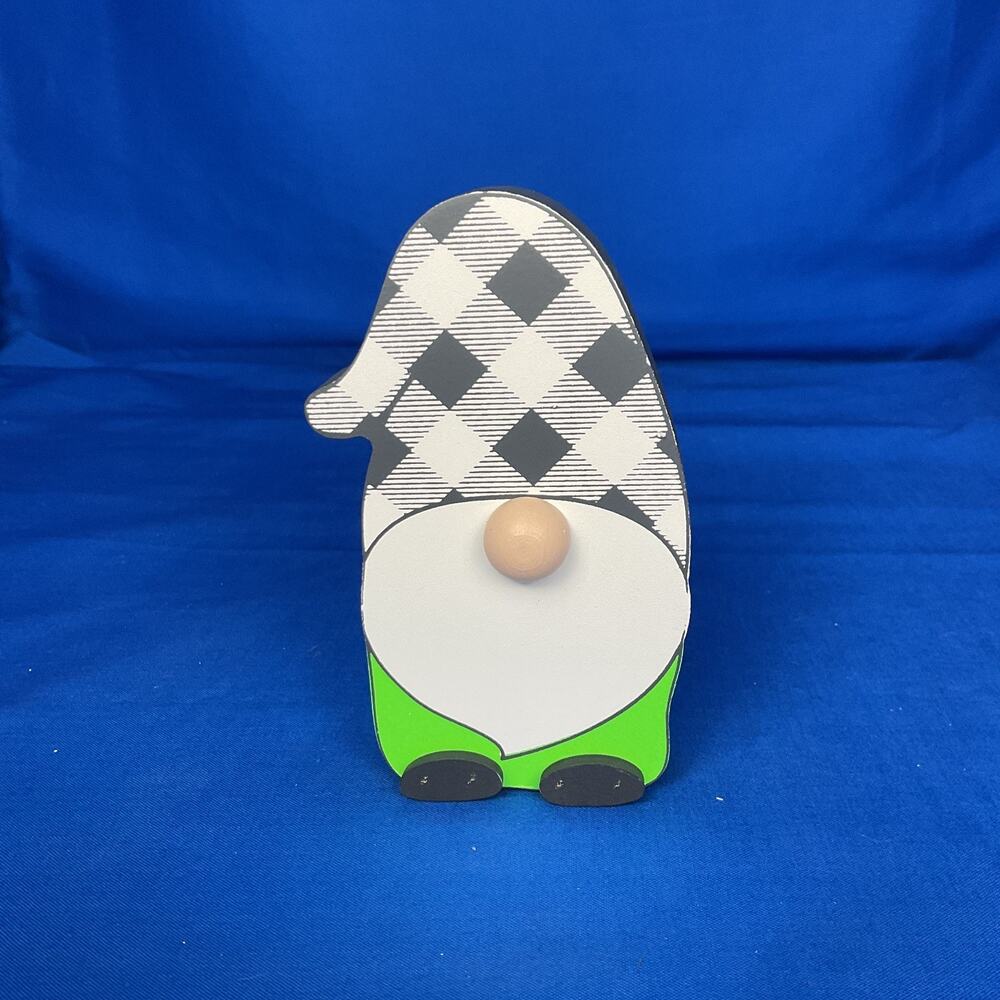 Black White Plaid Check Gnome Wood Sign Cutout Tiered Tray Tabletop Decor